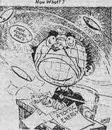Карикатура из газеты тех лет. Надписи гласят:«Атомная бомба, атомная энергия, эти летающие диски - что теперь?»